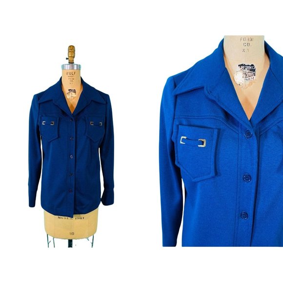 Vintage 70s Cobalt Blue Shirt Womens Large Bust Pockets Polyester Button Down To - Picture 2 of 10